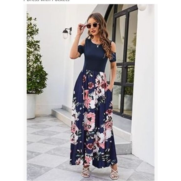 Womens Cold Shoulder Floral Maxi Dress Size XL Navy With Pink & White Boho - Picture 3 of 12